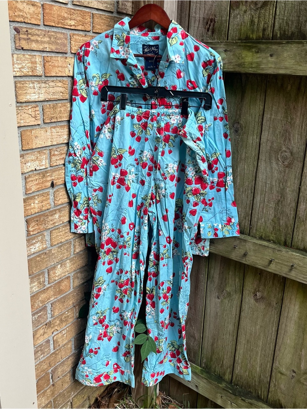 Nick & Nora Light Blue Strawberry-Print 100% Cotton Pajama Set